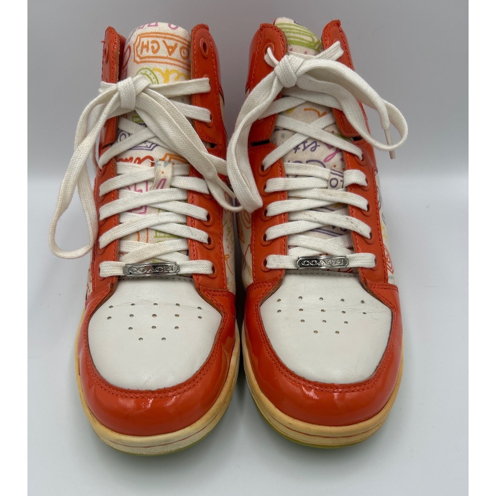 Coach Norra Orange Patent Leather Graffiti Doodle High Top Sneakers Q388 9.5M - Picture 3 of 8
